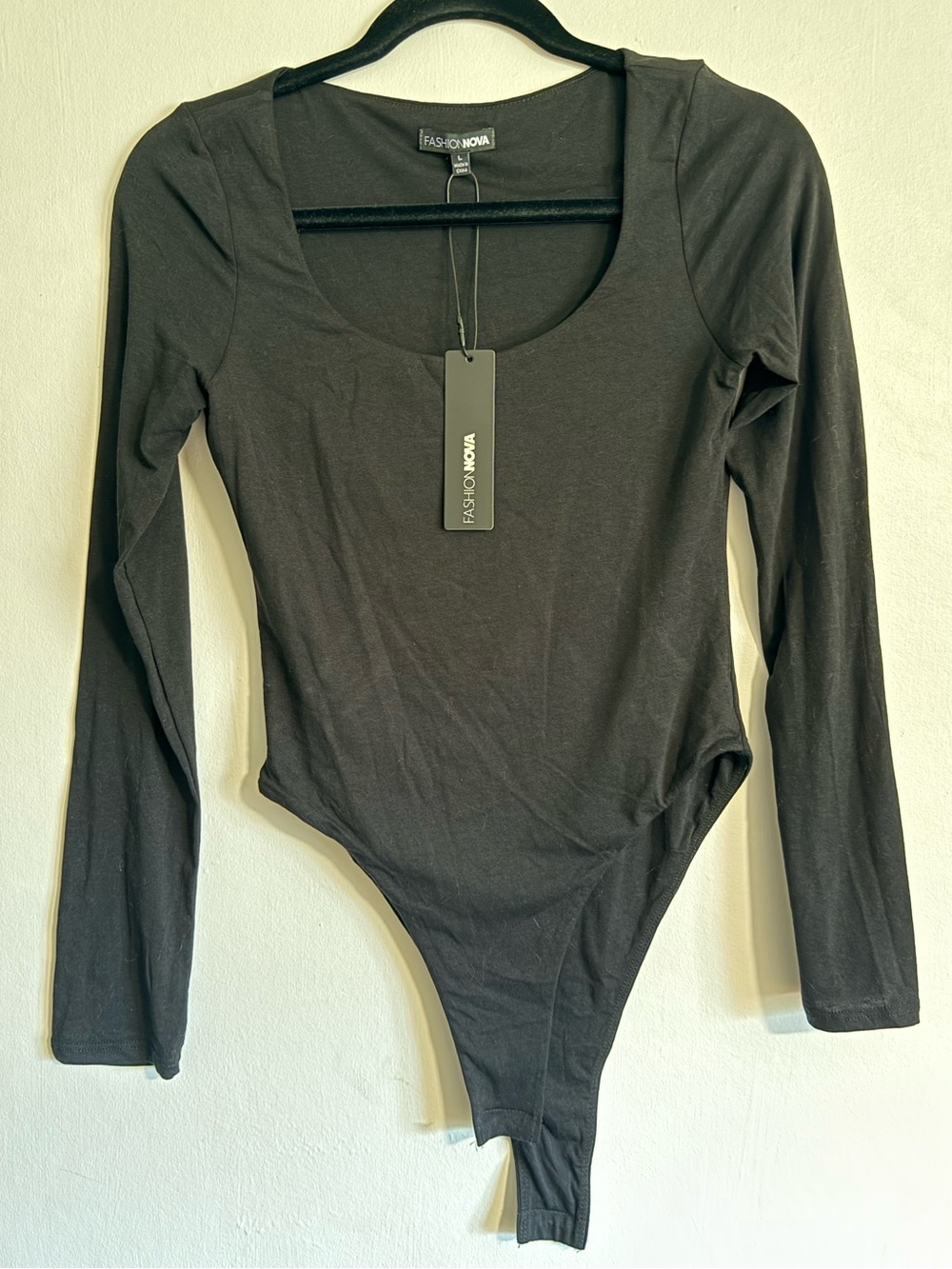 NWT Fashion Nova Ella Double Lined Long Sleeve Scoop Neck Bodysuit Black Large